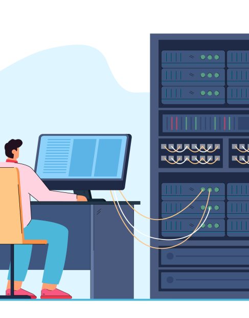 Man engineer working on computer server rack switchboard. Guy switching panel cabinet with plugged Ethernet optical cables. Telecommunications, engineering concept. Flat vector illustration.